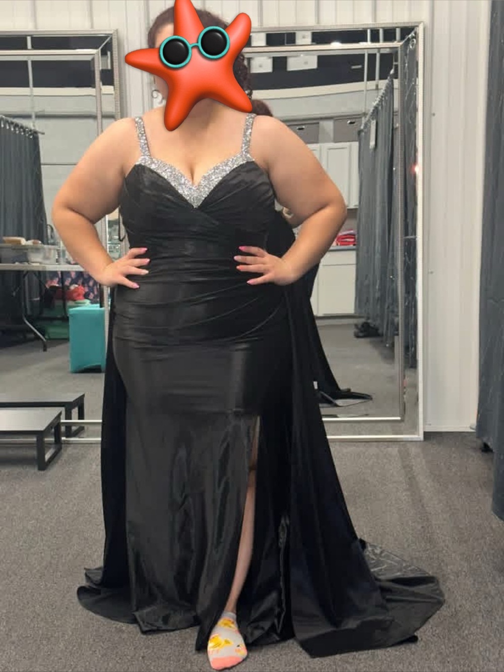 Sydney's Closet Black Prom Gown with Silver Sparkle Trim